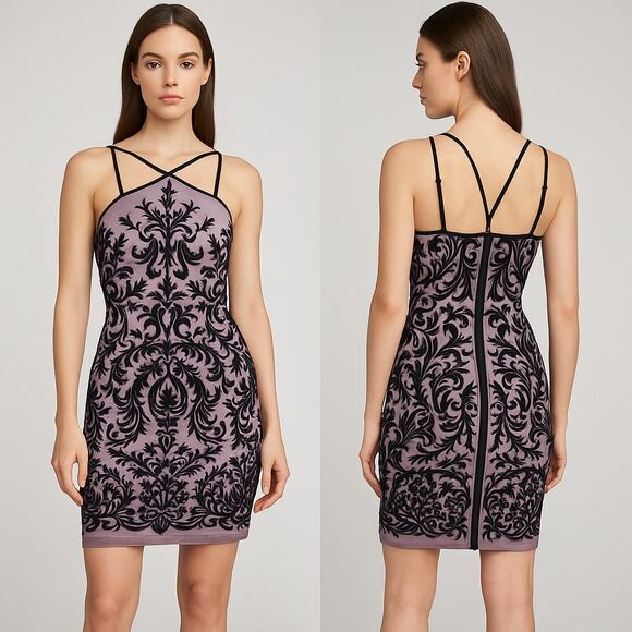BCBG Max Azria Lilac Mauve Black Velvet Flocked Illusion Dress – Size 6 - Picture 1 of 7